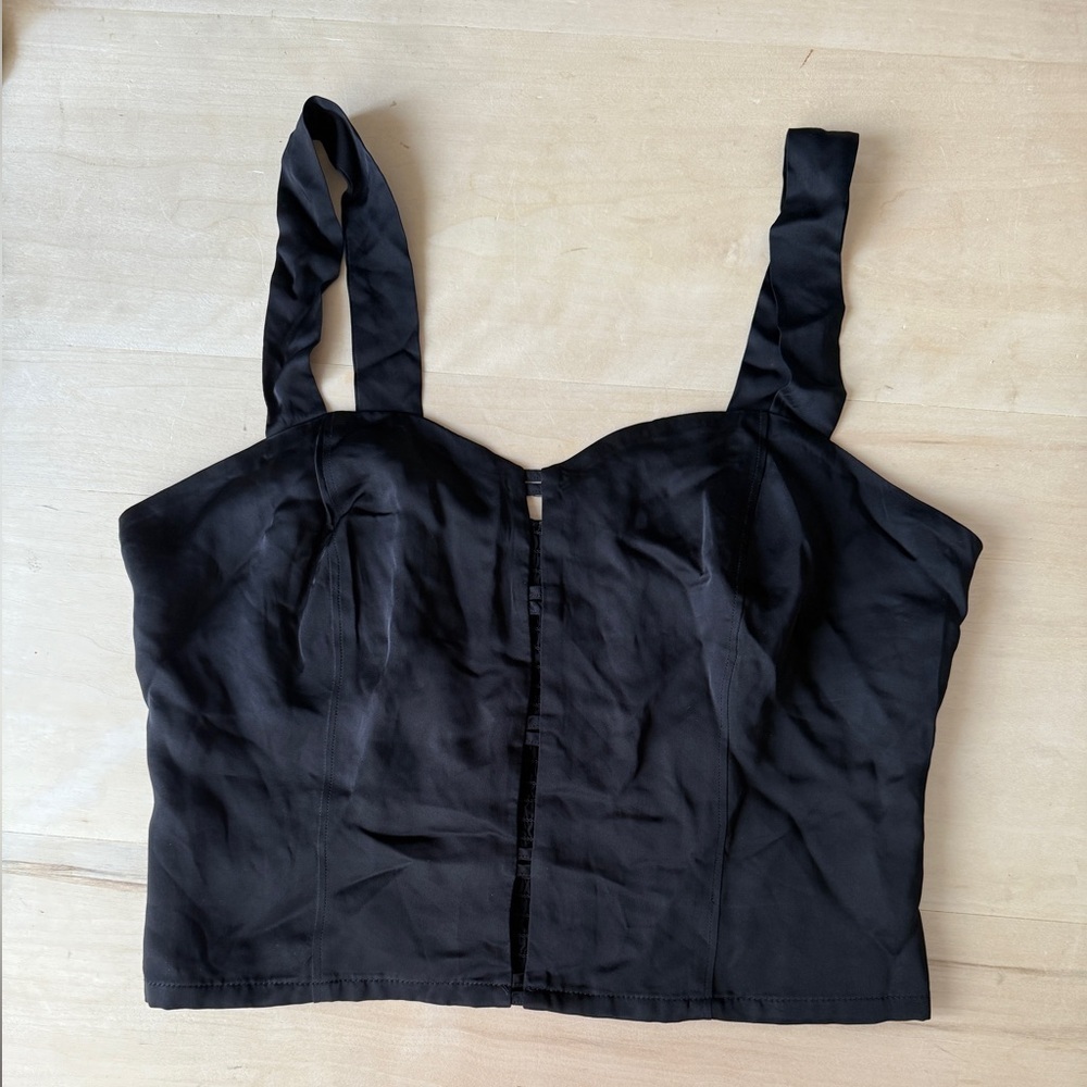Good American Black Silky Cropped Smocked Double Bar Top M